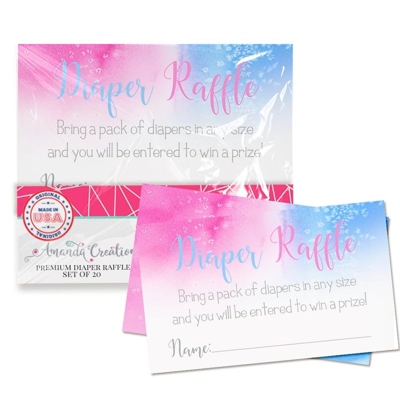 Amanda Creation Pink & Blue Watercolor Diaper Raffle Tickets for Gender Reveal Baby Showers, 20 2" X 3â€ Double Sided Insert Cards for Games by AmandaCreation, Bring a Pack of Diapers to Win Favors & Prizes! - Image 1